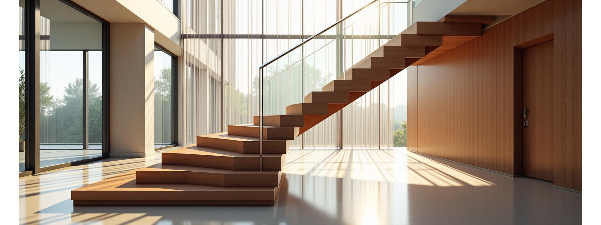 Dramatic floating wooden staircase with glass balustrade in a modern, sunlit foyer