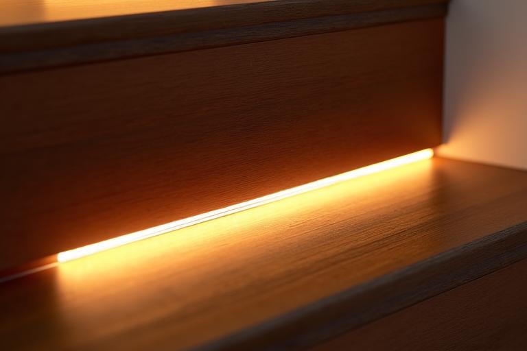 Close-up view of integrated LED strip lighting beneath wooden stair treads, showing customizable warm glow and smooth illumination.